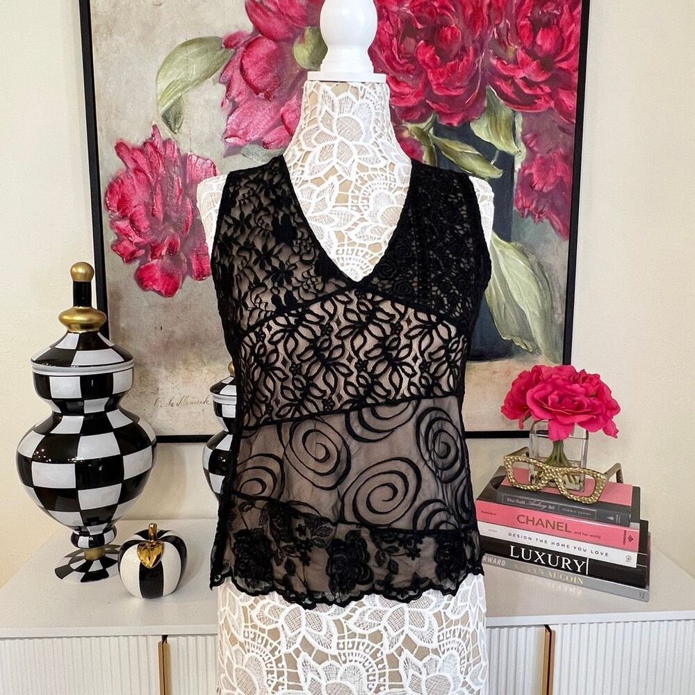 Lafayette 148 Women's Layered Lace Sleeveless Tank Top Black Nude Size 4